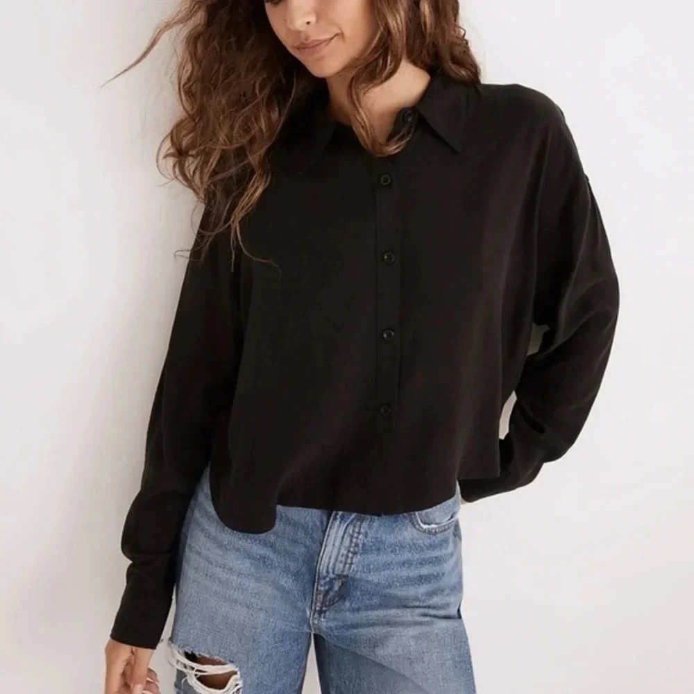 New Madewell Lusterweave Hartfield Crop Shirt Black Size XS